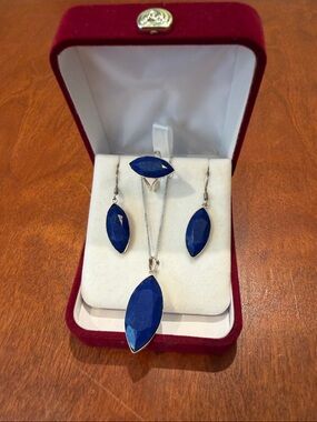Sterling Silver Blue Lapis Marquise Pendant Necklace, Earrings & Ring Set